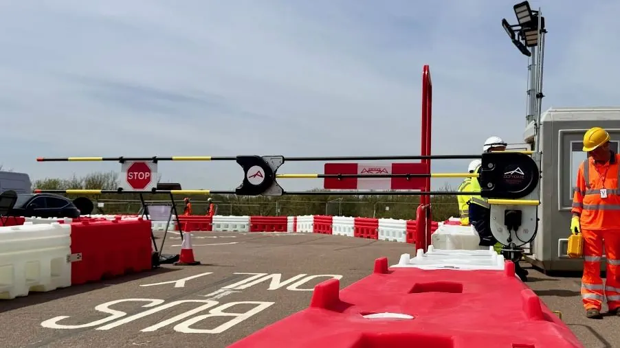 Two automatic traffic barriers controlling a bus gate during the Oxford Station works